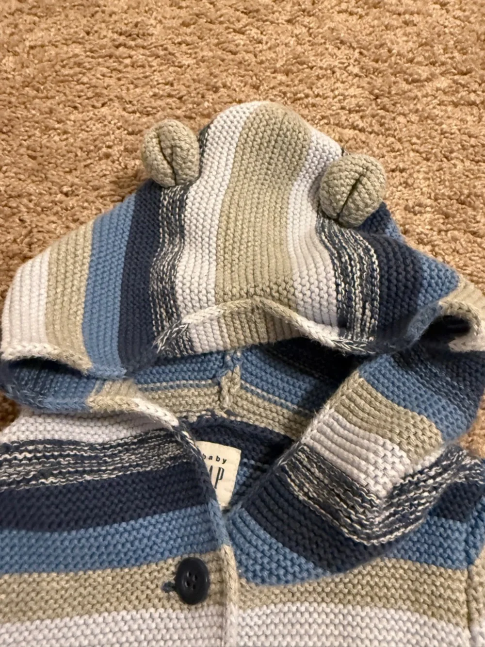 Baby GAP baby bear Hooded Striped Knit Cardigan - Blue, Cream, Tan, Navy